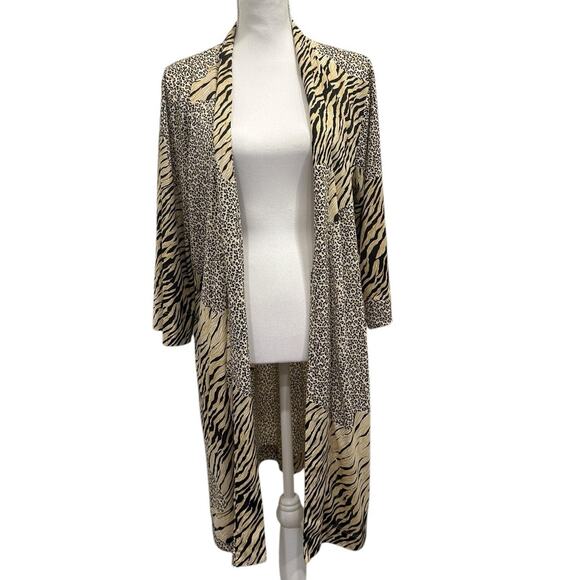 Natori Black Tan Animal Print Stretch Jersey Kimono Robe Tiger Leopard Lounge - Picture 4 of 14